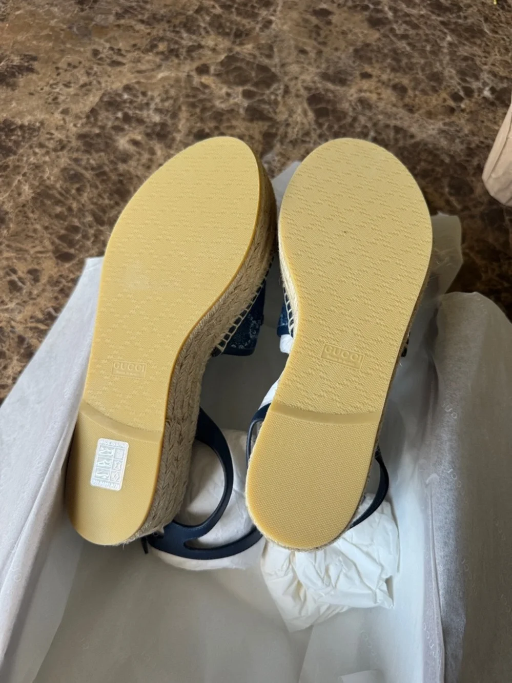 Gucci denim azure blue wedge logo espadrille sandal sz 39 - Picture 9 of 10